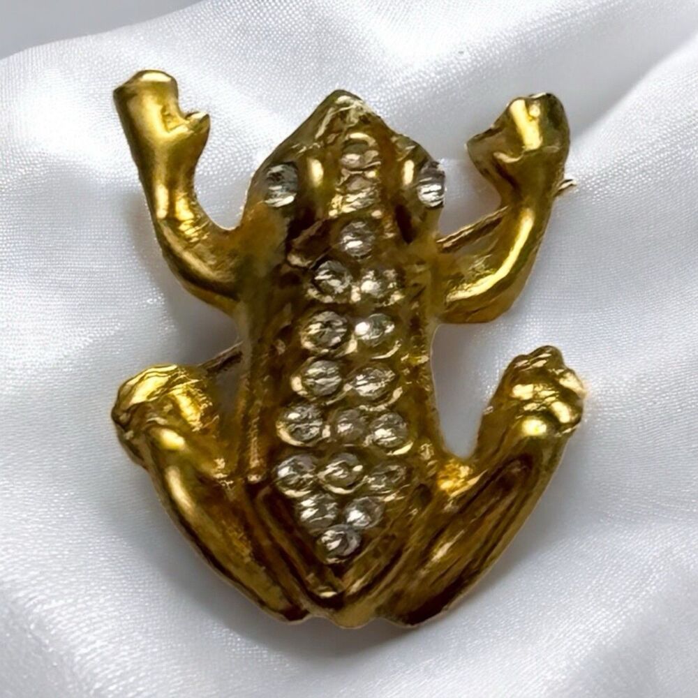 Vintage Frog Brooch – Gold-Tone with Clear Rhinestones, 1”